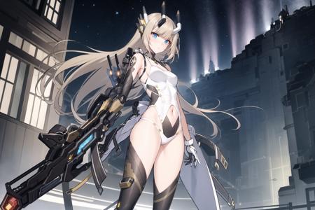 1girl,masterclass,best quality, illustration, solo, long hair, brown hair, blue eyes, mecha_musume, mecha girl, headgear, horns, arms behind back, leotard, hexagon print, night sky, aurora, standing in a field, looking at the sky, night time, night, weapons, floating weapons, floating mecha weapons, sci fi, <lora:E1_anything_model:0.65>