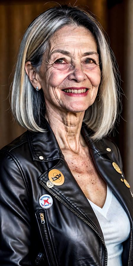 Full bleed close-up of an elderly woman in profile. Her hair is neatly tucked, and her face is marked with deep, distinguished wrinkles, showcasing her age. She wears subtle makeup with prominent eye shadow and a hint of lipstick. The background is plain and light-colored, which highlights the contrast of her dark attire and the lines of her face.
break
(black biker leather jacket:1.2), (badges:1.3), cleavage
break
elongated limbs, long neck, smiling, (looking at viewer:1.6), white hair