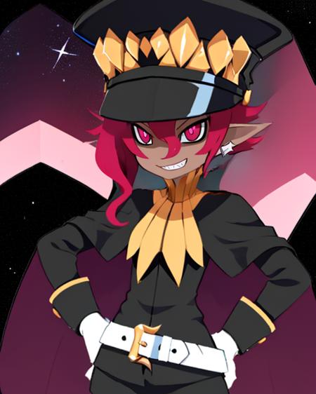 Psychic, short  lavender hair , pink eyes,pointy ears ,dark skin , evil grin, standing, upper body, hands on hip,
PsyATT,white gloves, earrings ,black shorts , black boots, white belt , black uniform with long sleeves ,shako cap, cape,
outer space, milky way, stars, open military base,
(insanely detailed, beautiful detailed face, masterpiece, best quality)       <lora:Psychic:0.8>