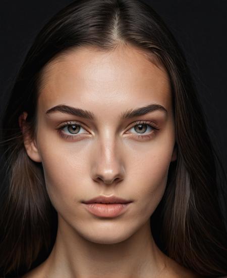 realistic skin, clear photo, young woman portrait, round nose, (sharp cheekbones:1.4), black straight long hair, German woman, black background, studio photo, soft light , (natural skin texture, hyperrealism, soft light, muted colors), background, realistic photo, high quality, perfect contrast, perfect symmetry