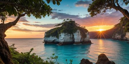 RAW photo, pristine shoreline, delicate jungle grove, majestic nature, picturesque scenery, enchanting sun beams, beautiful sky, maximalist landscape, dynamic sunset, desolate atmosphere, serene ocean, crystal blue water, ancient cliff, lens flare, photorealistic, masterpiece, 64k, UHD, ultra detailed, vivid colors, high quality, sharp focus