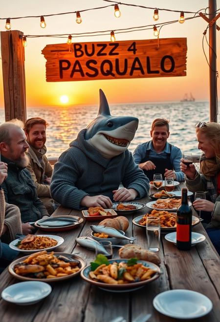 An Italianized humanoid shark named ‘Pasqualo,’ with a muscular body, gray shark-like skin, and sharp teeth, sits at a large wooden table on a seaside pier during sunset. He has black eyes, a prominent dorsal fin, and a friendly grin. Dressed in a rugged fisherman’s outfit, including a weathered wool sweater, rolled-up pants, and boots, Pasqualo blends seamlessly into the scene with his human fisherman friends. They laugh and chat around the table, their sun-baked skin and salt-worn clothes reflecting a life spent at sea.
The table is covered with rustic Italian seafood dishes: grilled fish, steaming bowls of pasta, crusty bread, and wine bottles. Half-filled glasses suggest recent toasts, and plates are scattered in a laid-back, festive atmosphere. Overhead, warm string lights cast a golden glow on the gathering.
In the background, a large wooden sign, slightly worn and hand-painted, reads ‘BUZZ 4 PASQUALO.’ It’s mounted on a weathered post with a couple of seagulls perched on top. The sea behind them is calm, with fishing boats gently rocking in the harbor. The setting captures the authentic feel of an old Italian coastal town, with Pasqualo smiling and enjoying the meal with his closest friends, blending the fantastical with the familiar and realistic