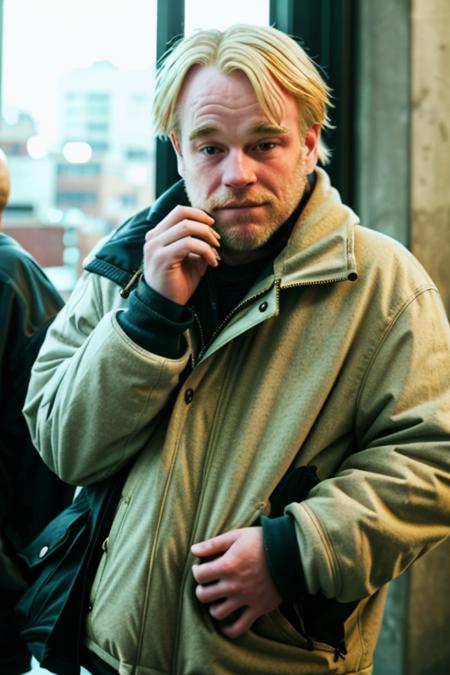 a blonde homeless man <lora:philipSeymourHoffman:1> asking for spare change, downtown in the city, RAW, 8K, UHD, candid:1.1, amateur