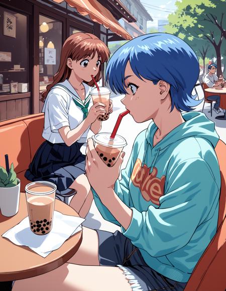 aska, brown hair, black hairband, white dress, medium dress, yellow cardigan aska, brown hair, serafuku, skirt aska, brown hair, hakama, white shirt, blue skirt miki, blue hair, crop top, turtleneck, dark blue shirt, short sleeves, cutoffs miki, blue hair, crop top, turtleneck, dark blue shirt, red jacket, cropped jacket, cutoffs