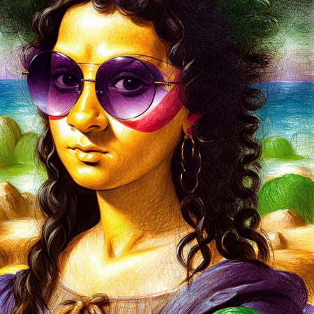 ebony (Mona Lisa) wearing purple sunglasses and (curly afro hairstyle), in Scribbled Pattern style  <lora:rabisco:1>