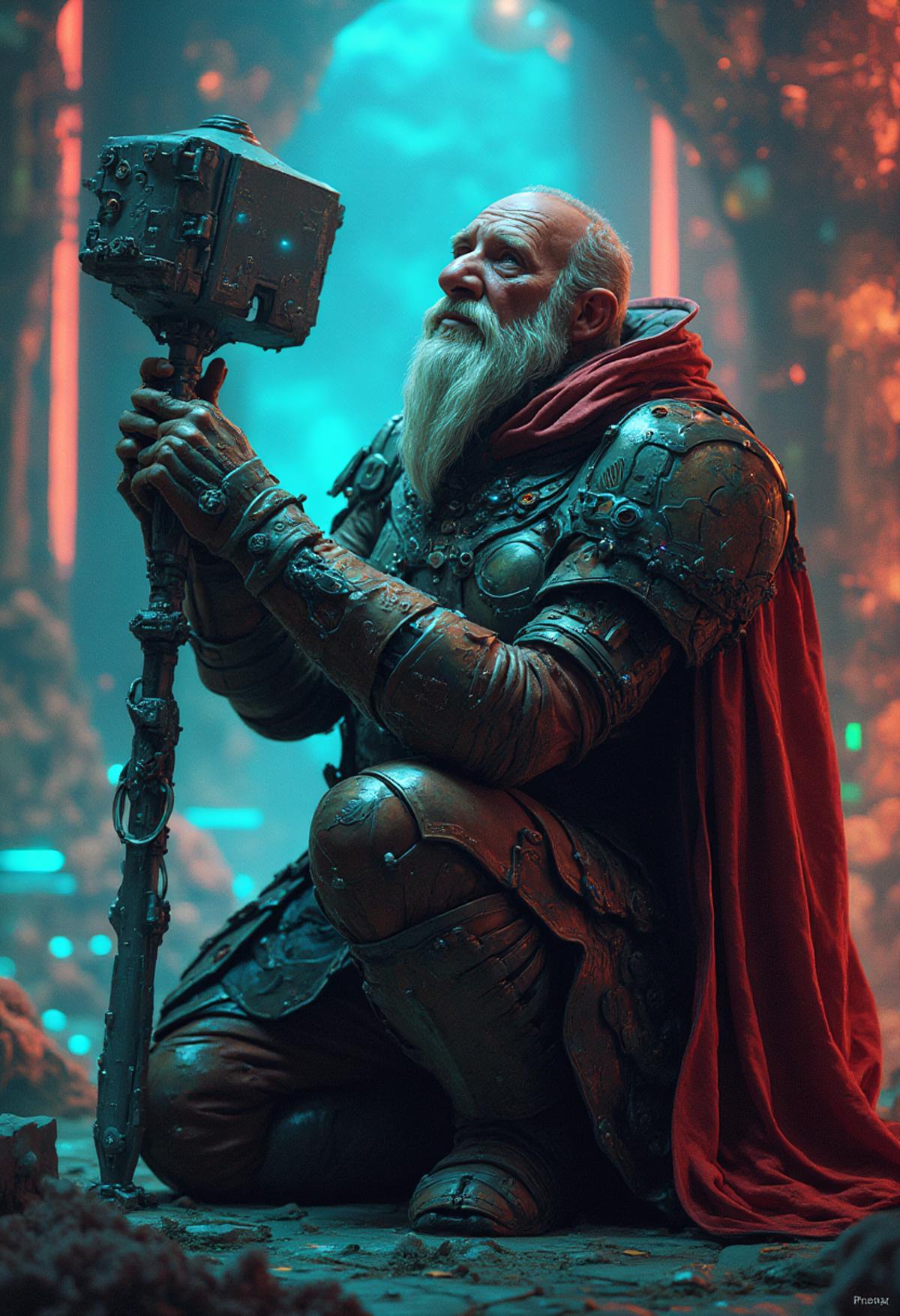 vikingpunk style, A grizzled, aged futuristic Viking warrior, a battle-hardened veteran, kneels in prayer amidst the iridescent glow of a cyberpunk temple, his eyes cast upward toward the holographic projections of Asgard's gods that dance across the walls. His suit of advanced, articulated armor bears the scars of countless battles, as he tenderly grasps an ornate, high-tech hammer that seems imbued with a power from realms beyond his own - while a faint hum of machinery emanates from beneath his leather cloak - and cybernetic eye gleams with an air of aged wisdom within his grizzled face.  <lora:fluxVikingPunk_epoch_1> ,  <lora:other/FluxDFaeTasticDetails:1.0>   . Nordic and Viking-inspired aesthetic with armor elements, mechanical enhancements, and futuristic technology