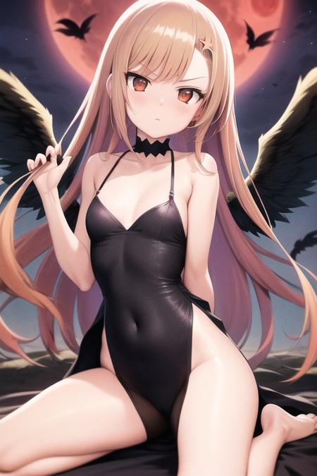 masterpiece, best quality, hinagiku katsura,  blonde hair, blonde, red eyes, black dress, barefoot, medium breasts, black wings, fallen angel, angel wings, outdoors, night, red moon, serious, <lora:HinagikuV2:0.8>