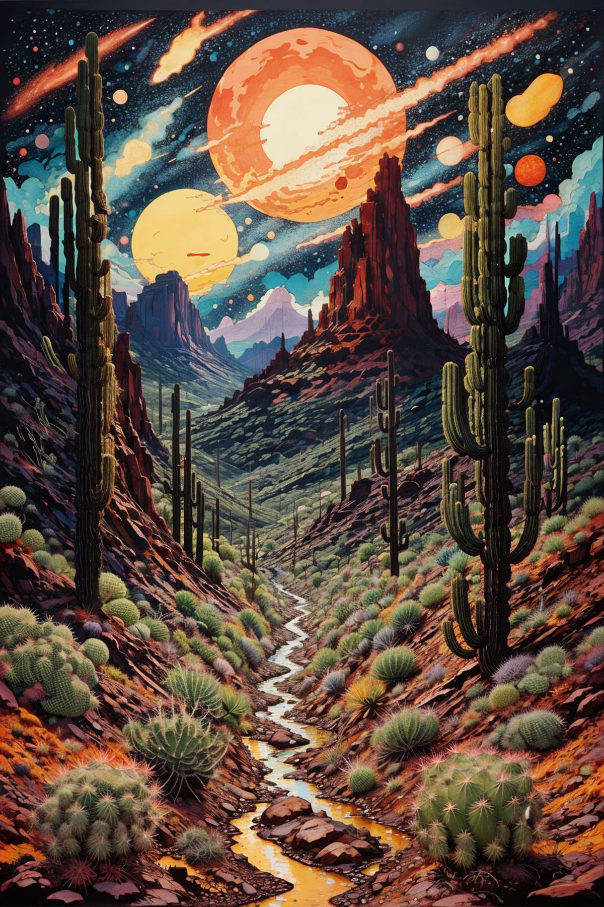 Artistic Desert Landscape with Mountain Range and Cactus Trees