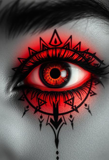 A close-up of a human eye spray-painted in black and white, surrealist mysticism meets visionary art, symbolic dream figures, spiritual transformation, cosmic inner landscapes, totemic and hybrid beings, metaphysical symbolism, soft radiant color gradients, flat mystical forms with dimensional auras, third-eye motifs, esoteric feminine energy, sacred geometry blended with primitive surrealism, mythic archetypes, luminous textures, trance-like mood, psychedelic surrealism, otherworldly consciousness, subconscious narrative composition