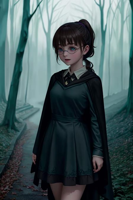 GS-Girlish pretty harry potter, brunette ponytail bangs standing in a magical dark forest wearing glasses and black (hogwarts:1.1) (robes:1.2)
(masterpiece:1.2) (photorealistic:1.2) (bokeh) (best quality) (detailed skin:1.3) (intricate details) (8k) (HDR) (analog film) (canon d5) (cinematic lighting) (sharp focus) <lora:harryPotter_harryPotterV10:0.9>