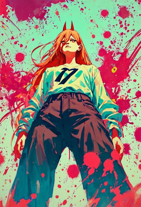score_9, score_8_up, score_7_up, monochromemuse, ink splatter, 1girl, power(chainsaw man), shot from below, zoomed in,