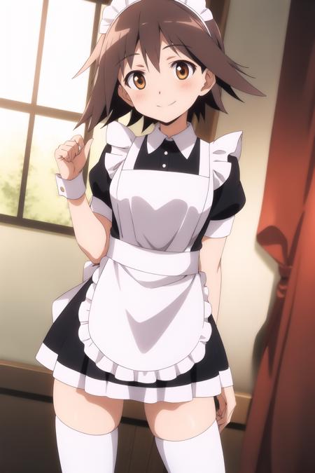 miyafuji_yoshika maid, thigh highs, shirt, smile