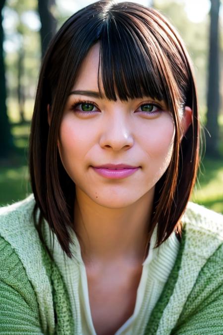 A stunning intricate full color portrait of a woman,wearing a green pullover, having fun, epic character composition,by ilya kuvshinov, alessio albi, nina masic,sharp focus, natural lighting, subsurface scattering, f2, 35mm, film grain , portait, very detailed skin texture   <lora:AiUehara:1>