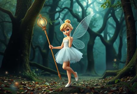 In an ancient enchanted forest where fairy dust wafts, a beautiful centaur girl, Tinker bell, holds a magic staff in her right hand, has fairy wings, a white tulle dress, blue eyes, and a fully standing full-length figure.