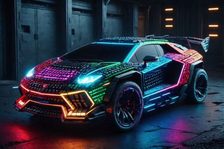 a futuristic SUV made out of RGB Keyboards, with rugged design, elevated chassis, solo, digital display with RGB lights, integrated screens, a digital space station hangar with metallic walls glowing with RGB lights, stars visible, detailed background, racing on a track, wheels spinning with RGB lights, dynamic motion, action focus, medium shot, a glowing RGB toolbox with RGB lights, on the ground, best quality, vibrant colors, photorealistic style, high detail, high-definition, hyper-realistic, extremely high-resolution details, fine texture, incredibly lifelike, realistic, not cartoon, not drawing, highres, 4K resolution, source photo, realistic photo, masterpiece, best quality, amazing quality, very aesthetic, ultra-detailed, detailed textures, natural lighting, soft lighting, cyberpunk neon colors, deep blues, fiery reds, neon glow, vibrant and electric, overhead shot, <lora:RGB_Keyboard_themed-000008:1>