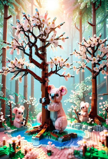 pastel pink LEGO brick trees, intricate cherry blossom flowers built from tiny interlocking bricks, brick-built koala family clinging to branches, textured fur using studded plates, dawn lighting, golden sunlight filtering through trees, translucent blue LEGO brick streams, serene forest atmosphere, hyper-detailed LEGO construction, soft morning haze, dappled light, masterpiece quality, vibrant yet gentle color palette, perfect composition, macro details on brick connections