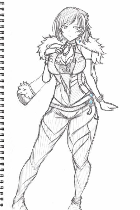 <lora:style18-v2:1>,(sketch:1.4),<lora:yelan:1>,1girl,vision \(genshin impact\),yelan \(genshin impact\), short hair, earrings,dice,jewelry,neck ring,, cleavage cutout,fur-trimmed jacket, jacket on shoulders, bare shoulders, dice, dress, tassel, mole on breast, tight pants,pelvic curtain, single elbow glove,sleeveless, bracelet, pants,