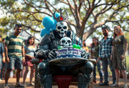 "A vibrant concept art scene of a Super Soldier Soul seated on a chair, holding a cake adorned with a skull-and-crossbones design. Surrounding him, a group of people stand, adding a lively and joyful atmosphere. The cake is decorated with blue and green balloons, enhancing the festive vibe. The setting is outdoors, with a tree in the background, creating a casual and joyful environment. Rendered in hyper-realistic 3D with Octane Render, featuring lifelike details, sharp lines, and stunning colors. The composition is balanced, with intentional focus on the Super Soldier Soul and the cake. Inspired by contemporary aesthetics and Grammer Effect Style, the scene conveys vivid emotions and a powerful message. Trending on ArtStation, 8K, ultra-detailed, and impeccably composed."