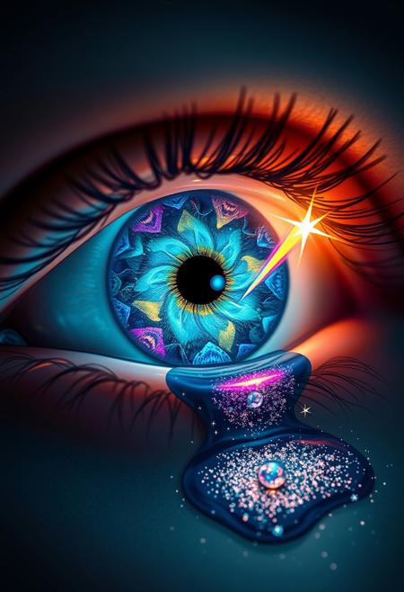 A single, opened eye stares out, its iris a swirling vortex of enchanting imagery. The eye's insides are a kaleidoscope of colors, with delicate, shimmering patterns and vibrant, glowing shapes. As the eye begins to leak, the images spill out, like a puddle of imagination and magic, spreading across the surrounding surface. A tiny, iridescent shooting star emerges from the eye's corner, its colorful tail trailing in a hypnotic rhythm. Nearby, a sprinkle of glittering, stardust twinkles, as if the cosmos itself has been distilled into this tiny, shimmering pool. Every detail of the scene is meticulously rendered, from the intricate, lace-like patterns on the eye's surface to the delicate, sparkling tears that well up in its corner. The overall effect is one of breathtaking, surreal wonder, as if the very fabric of reality is being rewritten by the power of imagination. highest-Quality, intricate details, visually stunning, Masterpiece