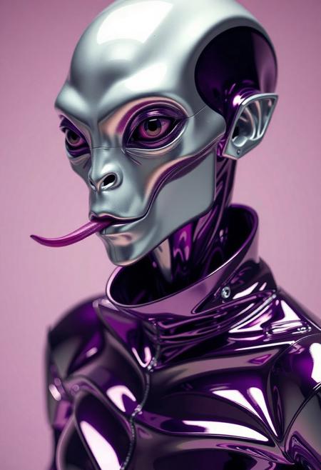 abstract male alien model in latex shiny full body outfit  avant-garde style with reflective chrome silver and purple bold Color Scheme   He has a small nose and slim mouth with a long tongue