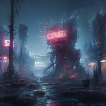 (landscape art by Lois Mailou Jones:1.0) , impressionism art, Post-Apocalyptic, (theme:0.7) , Freezing lox, Panorama, Grim, bright neon lighting, Depth of field 100mm, en plein air, <lora:aidmaOnceHuman-V0.1:1> once human, gaming artwork, highly intricate, best, epic, epic composition, illustrious quality, enchanted
