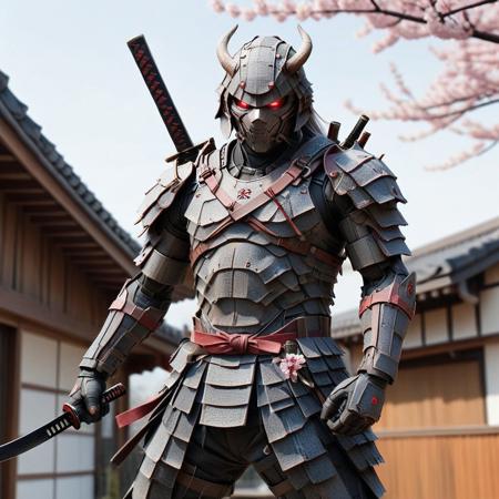 mad-shingles, A realistic Samurai holding a sword made out of Roof Shingles, solo, armor made out of Roof Shingles, 1boy, male focus, holding, dual wielding, samurai, helmet made out of Roof Shingles, katana made out of Roof Shingles, horns, holding weapon, japanese armor made out of Roof Shingles, holding sword, light grey skin, red eyes, full body, fighting stance, Tokio background, tokio, Sakura tree, cherry blossom tree, tree made out of Roof Shingles, glowing, glowing eyes, sheath, standing, gloves, teeth, japanese clothes, white hair, shoulder armor, demon, looking at viewer, mask made out of Roof Shingles, ponytail, fangs, sharp teeth, Roof Shingles shape armor