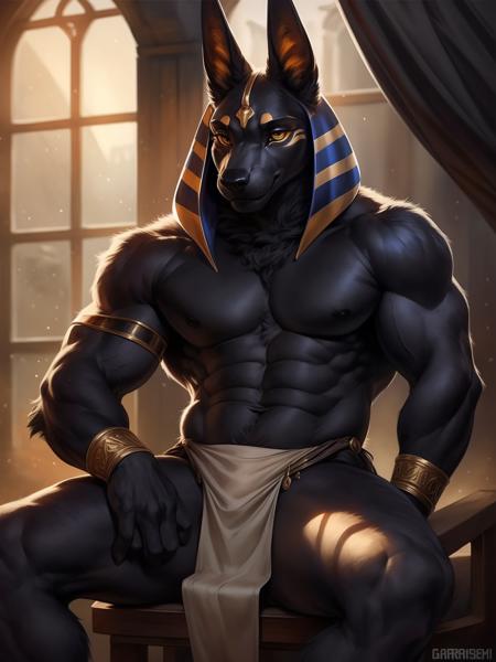 ((anime)), upload on e621, by Garmash,Ruan Jia, darkgem, anthro, male, ((( detailed fluffy fur))), ((sitting)), detailed realistic painting, (((biceped))), (((shaded))) extreme detail, ((anubis)), loincloth, black body, light particles