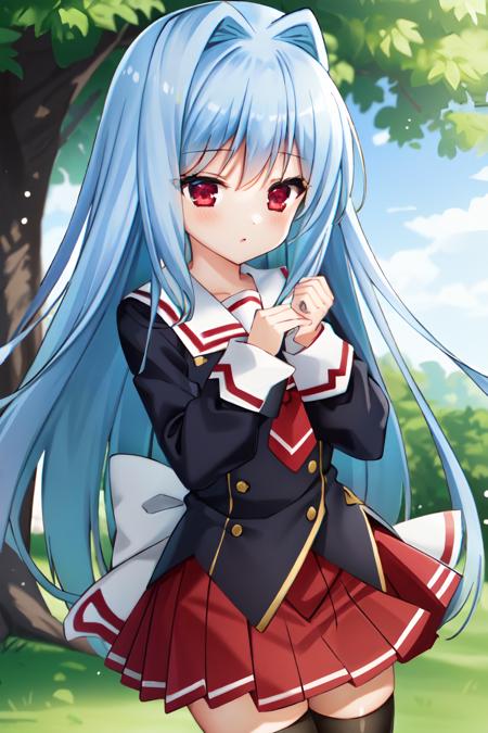 masterpiece, best quality, shiny hair, shiny skin, 1girl, solo, <lora:Kubrick_FearV2-10:0.8>, KubrickV2, school uniform, skirt, red skirt, pleated skirt, long sleeves, bow, white bow, necktie, buttons, serafuku, zettai ryouiki, thighhighs, black thighhighs, necktie,