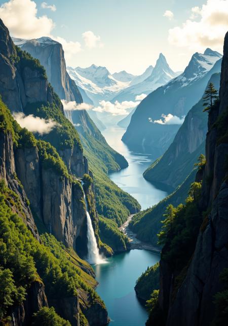 A breathtaking aerial view of a pristine fjord landscape, where towering granite cliffs plunge into deep, sapphire waters. Lush, emerald forests cling to the steep slopes, their vibrant canopy contrasting with exposed rock faces. Wispy clouds cast intricate shadows across the rugged terrain, creating a dynamic interplay of light and shadow. A cascading waterfall tumbles from great heights, its mist catching the golden rays of a low-hanging sun. The fjord's glassy surface mirrors the surrounding majesty, creating a mesmerizing symmetry. In the distance, snow-capped peaks pierce the horizon, their jagged silhouettes etched against a soft, pastel sky. The scene captures the raw beauty and grand scale of this awe-inspiring natural wonder, rendered in stunning 8K resolution with intricate details and a masterful play of colors and textures. <lora:Classic_Anime_Colors:0.2> <lora:Chris_Luka:0.5> <lora:DND_GRAINYBOYZ_FG_FLUX_V2_ROMULUS_Lora:0.1> <lora:boFLUX Double Exposure Magic v2:0.6> <lora:flux_dev:1>