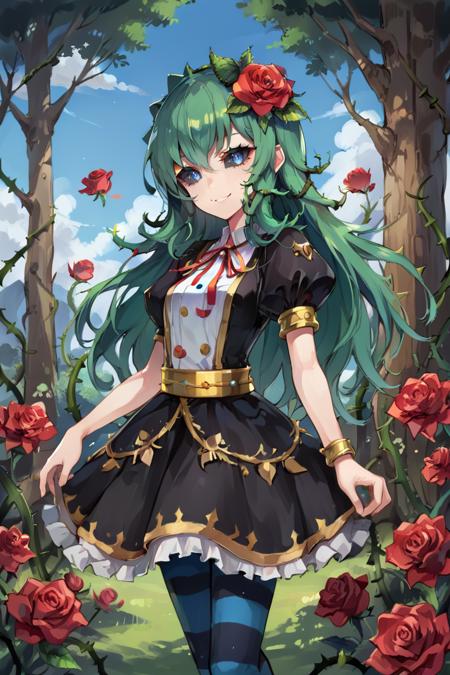 tordef, 1girl, solo, long hair, green hair, black sclera, blue eyes, flower, hair flower, hair ornament, red ribbon, neck ribbon, bib collar, black dress, frilled dress, gold trim, juliet sleeves, yellow armlet, spiked armlet, yellow belt, striped, striped thighhighs, horizontal-striped thighhighs, yellow anklet, spiked anklet, high heels, rose, thorns, vines, tordef, 1girl, solo, long hair, green hair, (colored sclera, black sclera), blue eyes, flower, hair flower, blue rose, blue flower, red bow, hair ornament, red ribbon, hair bow, hair ribbon, capelet, frilled capelet, cross-laced clothes, red bowtie, frilled hairband, layered dress, collared dress, frilled dress, yellow belt, spiked belt, wrist cuffs, striped, striped thighhighs, horizontal-striped thighhighs, yellow anklet, spiked anklet, high heels, rose, thorns, vines, 