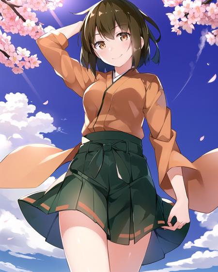 masterpiece, (best quality:1.4), best illustration, best shadow, (beautiful detailed:1.4), finely detailed, (dramatic light:0.9), HDR, ray-tracing, intricate details, cherry blossoms, sakura tree, (floating sakura), blue sky, white cloud, 1girl, solo, BREAK, (hiryuu:1.22) from kantai collection, cowboy shot, smile, short hair, (one side up), medium breasts, (wind:1), hakama short skirt, green hakama skirt, miniskirt, orange kimono, hand on own head, perspective, brown hair, brown eyes, finely detailed iris,