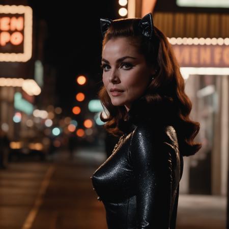 cinematic film still medium shot, portrait catwoman woman, background of  1960s \(style\) new york city street, nightime, shop signs, ads<lora:catwoman12GB-000006:0.6> . shallow depth of field, vignette, highly detailed, high budget Hollywood movie, bokeh, cinemascope, moody, epic, gorgeous, film grain, grainy