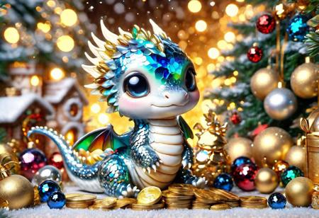 blue shards ral-smoldragons siting next to a pile of (gold coins) (silver coins) (colorful crystal gems), under a Christmas tree, highly detailed clean, beautiful detailed intricate, 8K,