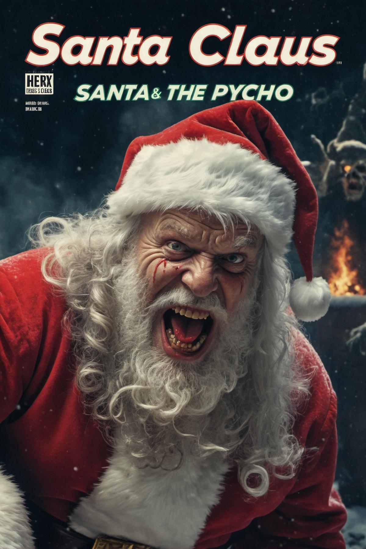 Santa Claus with a scary face and a red hat.