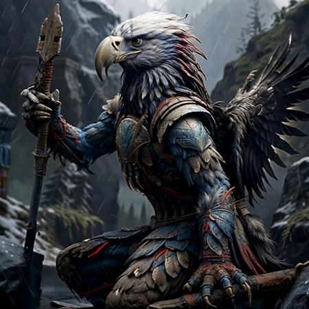 <lora:RPGAaarakocra:1>aarakocra:1.2, solo, weapons, holding weapon, rain, armor, ((hands)), arms, talons, realistic:1.3, mountain, sharp focus, 8k, 