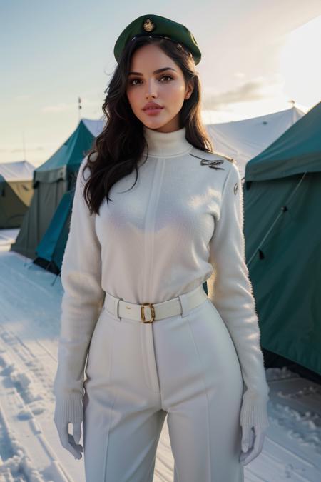 professional photograph of Eiza Gonzalez mt-eizagonzalez as an officer of the military, army white camouflage outfit, beret, standing in a frozen tundra, in a military encampment, tents at the sides, snow, light reflection, she has her hair tied up, black hair, dark eyes, grin. 4k, 8k, masterpiece, highest quality, absurdres, bokeh  <lora:[MX]_-_Eiza_Gonzalez:1> <lora:picxer_realdetailer:1> <lora:CineStyle5:0.25>