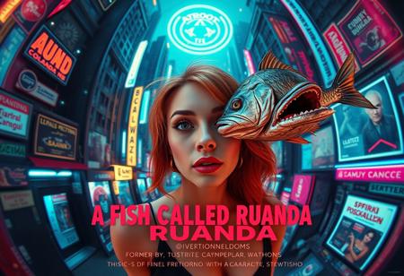 **“A captivating and surreal movie poster for A Fish Called Ruanda, a futuristic B-movie thriller with a girly, campy twist. The scene is viewed through the exaggerated distortion of a fish-eye 12mm cinema prime lens, pulling the viewer into the chaotic, neon-soaked dystopian cityscape. Front and center is the main actress, Katarina Pesceallegro, a striking redhead with a mix of glamour and danger in her expression. Floating ominously nearby is a grotesque, decaying fish, symbolizing the ‘very rotten climax.’
The poster includes bold, retro-futuristic typography for the title A Fish Called Ruanda, with the subtitle in Polish beneath it. The credits at the bottom feature:
	•	Directed by: Max Morrison
	•	Director of Photography: Diego Dalla Luce
	•	Edited by: JOE “FINAL CUT” Switcho
	•	Main Actress: Katarina Pesceallegro
	•	Co-Starring: JOE FISH
	•	With the Cameo of: STEWEN SEAGULL
The design blends neon tones, gritty textures, and campy B-movie flair, making it a trendsetting cinematic experience that teases its quirky, action-packed storyline.”**
