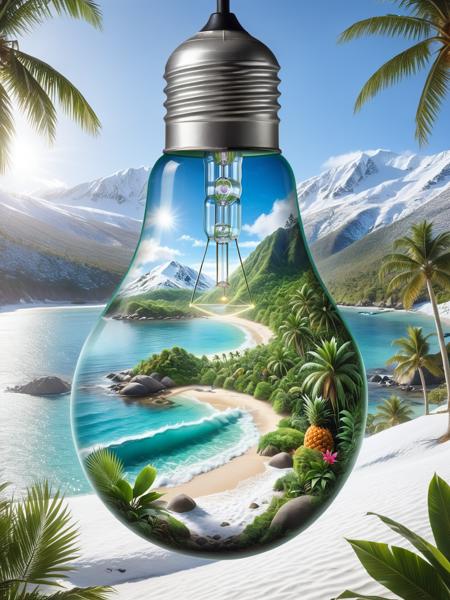 ais-bulbz, a tropical beach inside the bulb, snowy mountains outside the bulb <lora:Inside_A_Bulb_SDXL:0.6>