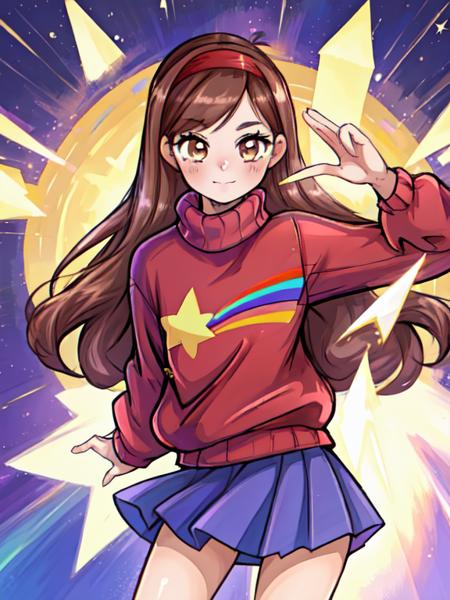 Mabel Pines brown eyes headband, red sweater, shooting star on sweater, purple skirt