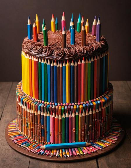 A delicious chocolate cake, but its made of colorful pencils <lora:Pencil_morph_style:1>