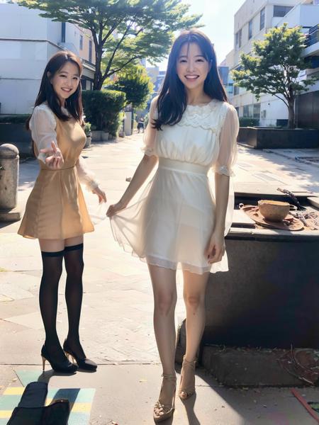 PBYoung, wearing a white dress and black stockings, standing on a city street, smiling, detailed face, (8k, RAW photo, best quality, masterpiece:1.2), (realistic, photo-realistic:1.37), professional lighting, photon mapping, radiosity, physically-based rendering, 1girl  <lora:PBYoungtest:1>