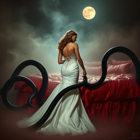 Bride in a sleek, strapless, mermaid-cut wedding gown with delicate lace details and a sweeping train, her hair styled in loose, flowing waves, wearing high heels that glint in the dim light, attempting to struggle free from dark, slithering tentacles that wrap around her waist and arms, pulling her towards a lavish, crimson-hued, wet-look bed with silk sheets and plush pillows, set amidst a thick, eerie fog that swirls around her, illuminated only by the pale glow of a full moon hanging low in the night sky, in the style of H.R. Giger's dark, biomechanical surrealism, combined with the haunting, atmospheric lighting of Zdzisław Beksiński's Gothic paintings, and the intricate, detailed textures of Ash Thorp's dark, futuristic illustrations.