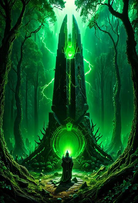 Enter a realm forsaken by the gods, a necrotic wood where the very air reeks of decay and rot. Twisted, gnarled trunks claw at the sanguine sky, their grasping branches like the skeletal fingers of long-dead sorcerers. Mist swirls between the boles, clinging to the earth like a burial shroud.
Shattered monuments to forgotten deities dot the forest floor, their crumbling stones covered in lichen and mold. Bone fragments, bleached white and picked clean, lay scattered among the detritus, mute testimony to unspeakable rites conducted in ages past.
At the heart of this blighted clearing rises a dais of obsidian, polished smooth as if by the touch of a thousand year's worth of worshippers. Upon its altar-top surface, a pulsating organ of indeterminate origin throbs with an eerie, otherworldly beat. Veins of sickly green light race across its surface, converging at a central node that seems to suck the very essence from the surrounding woods.
Before this profane offering kneels a robed figure, cowled and inscrutable.
sci-fi, alien-worlds, eeriness, futuristic, outer-space, science-fiction, alien-themed, extraterrestrial, cosmic, otherworldly, mysterious, 
concept-art, adventure, fantasy, whimsy, dreaminess, digital, illustration, magic, 
beautiful, painterly, textural, artistic, aesthetic, 
intricate details, highly detailed, ultra-detailed, absurdres, vivid, vibrant, volumetric lighting, 
Necron,, electricity, green glow, green theme,, aid291, midjourneyv6.1, ais-particlez