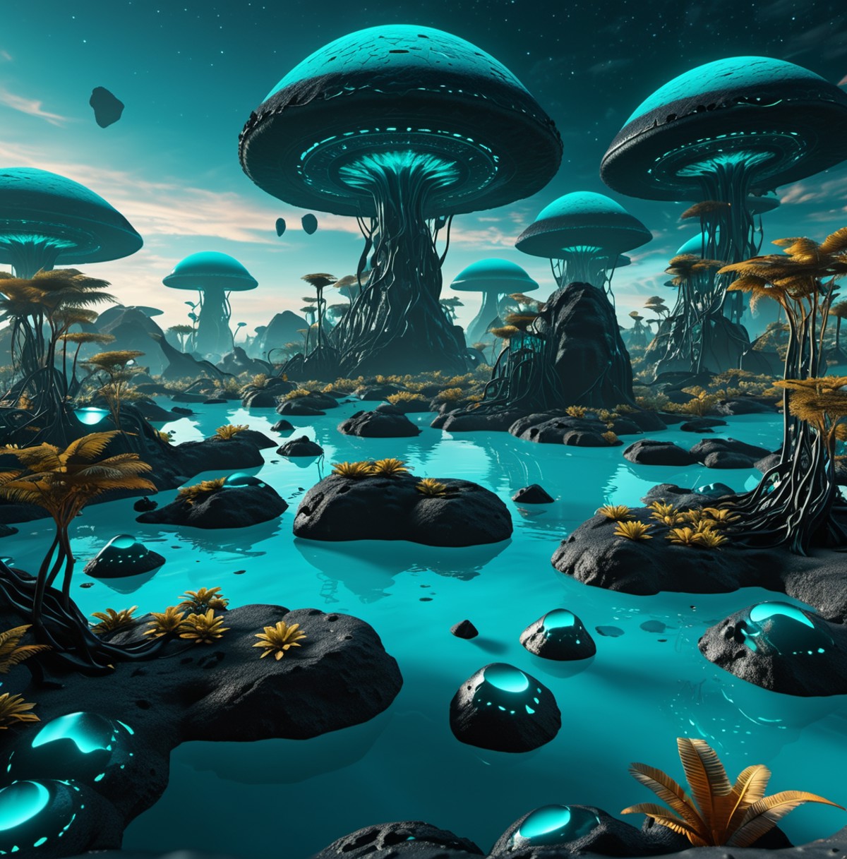 Extremely detailed alien landscape, floating islands, clouds, vines, teal and black jungle, glowing stones, teal and black...