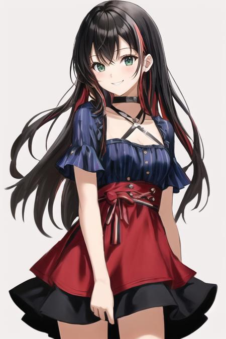 solo, woman, <<looking at viewer|looking away|looking to the side>> dark hair <<blonde streaks|red streaks|blue Streaks>>, wearing, {2$$ black|red|green|blue} dress, cute face, smirk, <<small breasts:0.5|medium breasts:0.5|Larrge breasts:0.5>>