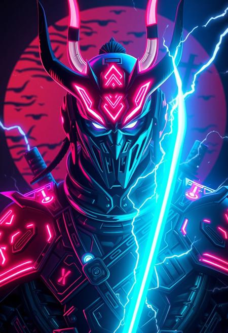 (Realistic:1.9), (cyberpunk.1.5), masterpiece, best quality, volumetric lighting, neon colors, dark background, 1man, male, closeup, Raijin with an oni mask, god of thunder, god of lighting, god of lightning, thunder, and storms, cyber tron neon Raijin armor, full armor, Covered face, covered eyes, standing in front of a tomoe, tomoe background, cyber horns, ninja pose, kunai, blades, flying raijin, so fast leaving mirages, katana