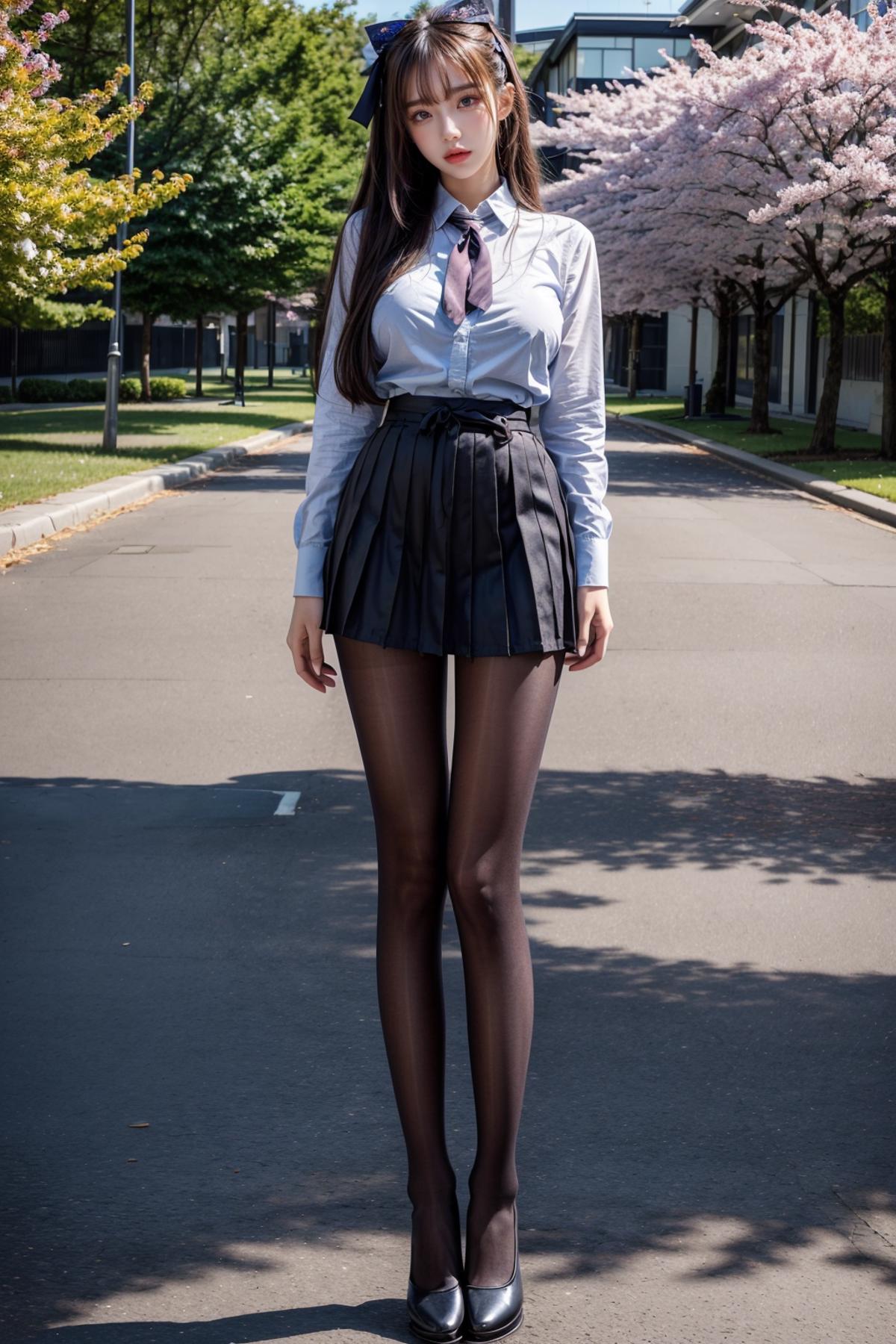 A woman standing on a street wearing a tie, skirt, and fishnet stockings.