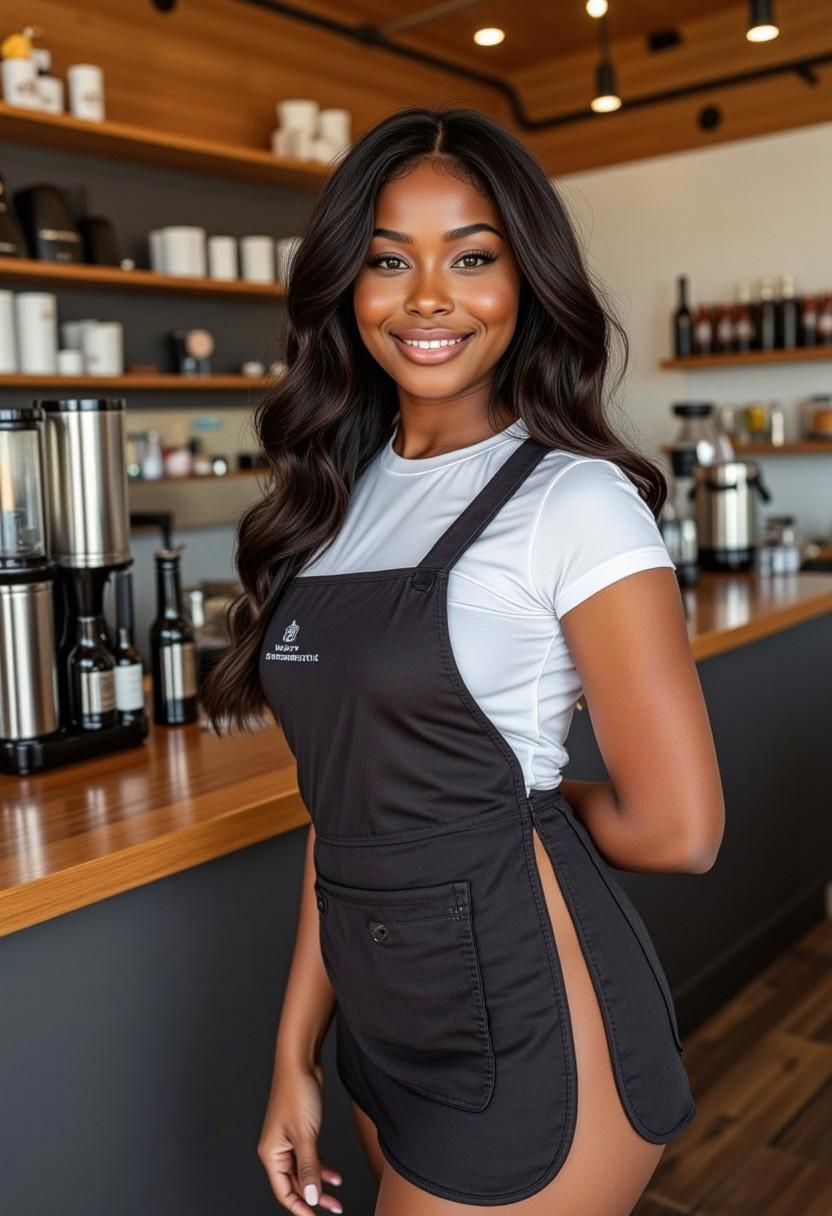 A stunningly beautiful ebony woman slim 20 year old with black hair and with a barista, cutest girl in the world and smiling at the viewer in her barista uniform, full body, serving coffee, starbuck, big breast