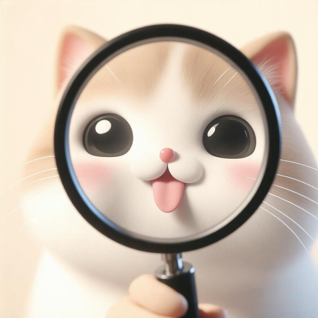 3dkitten, A close-up, high-angle shot of a cute, cartoonish white-and-tan cat looking through a magnifying glass. The cat has large, round, black eyes that are bright and shiny, and the light brown fur around the eyes and around the top of the eyes. The whiskers are long and white, and there is a pink tongue sticking out of the cat's mouth. The nose is small and pink, and a small pink nose is visible in the center of the face. The ears are straight and rounded. The background is a light beige color that contrasts with the cats fur and the bright light coming from the right side of the image. In front of the camera, the focus is on the cat and the magnifying lens. The lens is round and black with a thin blue ring around the rim and a black handle with a silver knob on the right. The handle is made of metal and appears to be made of a sturdy, metal, and black material. The image is very blurry and has a soft, blurry quality.