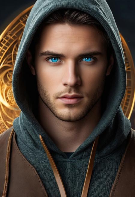 fantasy images.  a close-up portrait of a young man with striking bright blue eyes, jaw-length dark brown hair partially visible under a hood, and subtle facial features including a light beard. He wears a textured gray knit hoodie that covers his ears and extends over his neck, with a darker brown jacket underneath. A green tactical harness strap is visible on each shoulder. Her face shows a slight blush, especially around her cheeks and nose, adding warmth to her pale complexion. His expression is neutral but intense, looking directly at the viewer. Behind him there is a large golden-colored circular structure resembling an ancient zodiac wheel or celestial compass with intricate patterns, luminous symbols and Roman numerals. This mystical element casts a glow around its head, creating a halo effect. The background reveals a futuristic cityscape with tall spiers and towers in various shades of brown and gold, suggesting a dystopian environment.